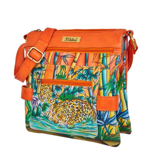 Hand-Painted Leather Women Orange Multi-Compartment Crossbody Sling Bag - Picture 3 of 8